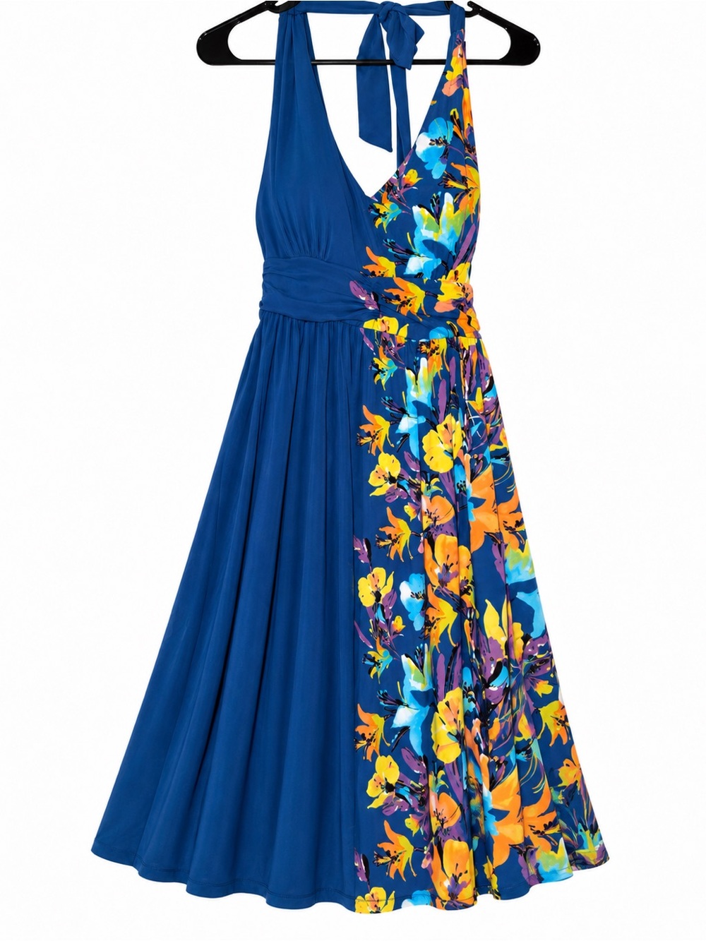 Elegance Blue Floral Halter Dress Open Back V Neck Size L Midi
